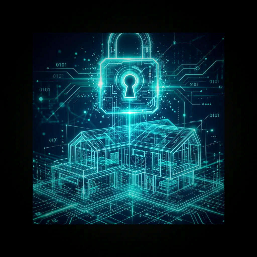 Glowing house model with cyber lock representing real estate security